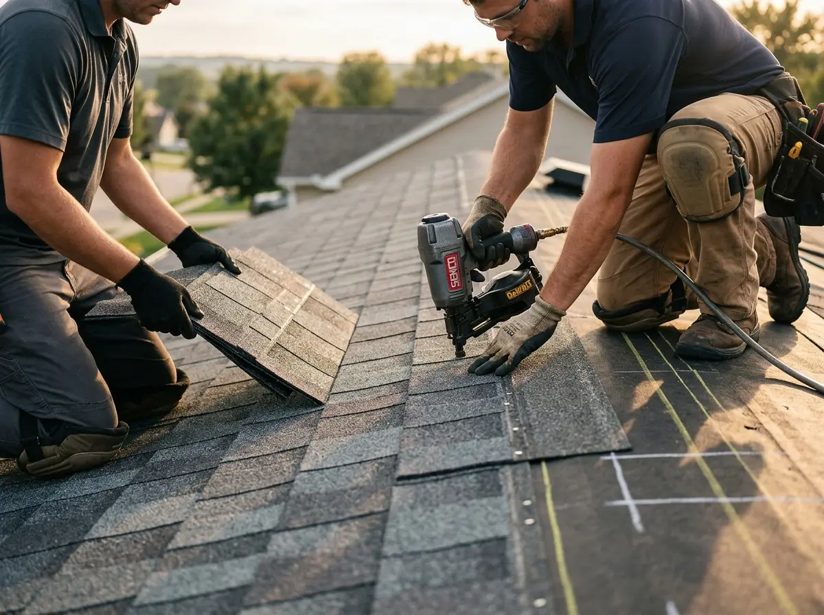 Professional roofer working on a residential roof in Metropolis